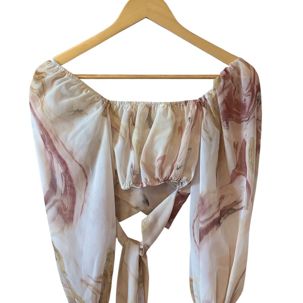 Elegant Off-Shoulder Marble Print Top W/ Front Tie ✨